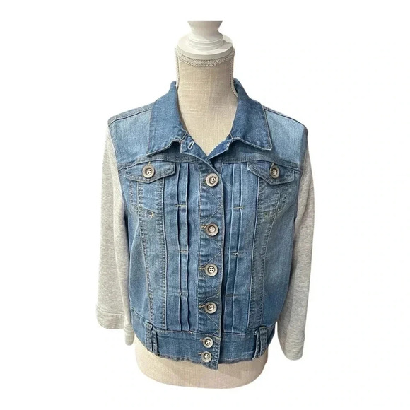 Democracy Blue Denim Jean Jacket with Gray Jersey Sleeves Women’s size Large - Picture 1 of 11